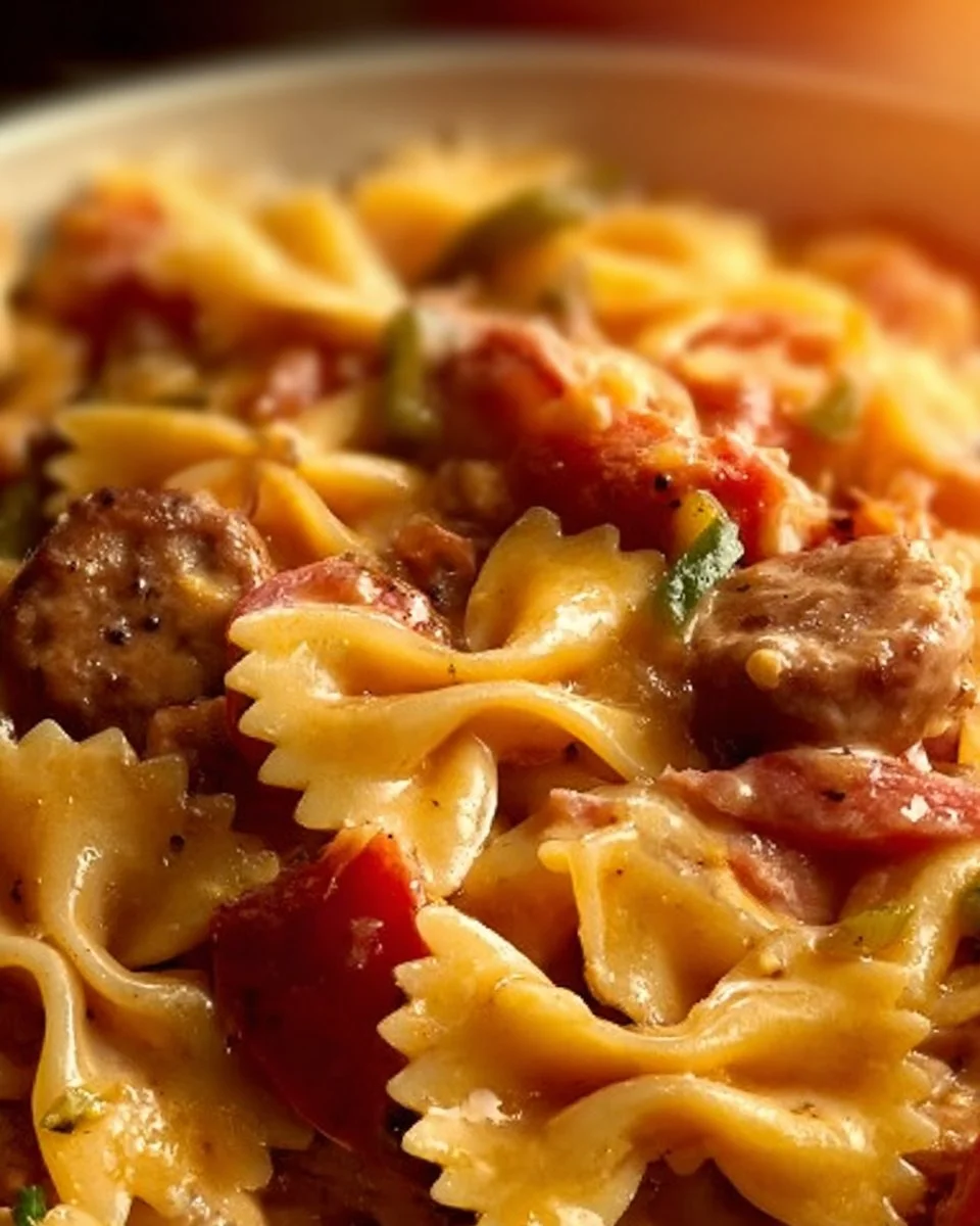 One pot creamy Cajun sausage pasta dish garnished with herbs