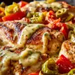 Pepperoncini Chicken Skillet cooked in one pan with vibrant peppers
