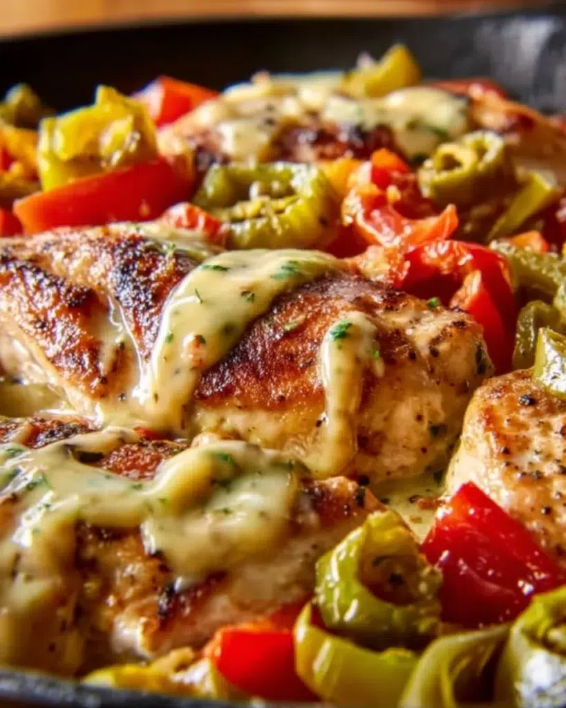 Pepperoncini Chicken Skillet cooked in one pan with vibrant peppers