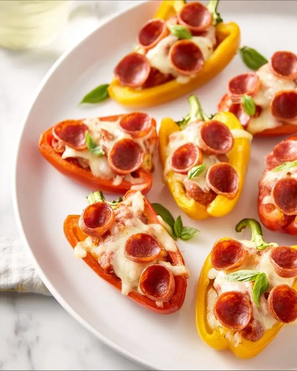Pizza stuffed mini peppers topped with cheese and herbs