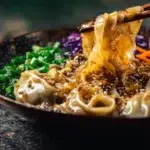 Delicious Potsticker Noodle Bowl with dumplings and fresh vegetables