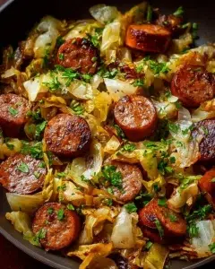Sausage and cabbage stir fry in a skillet, showcasing vibrant colors and textures.