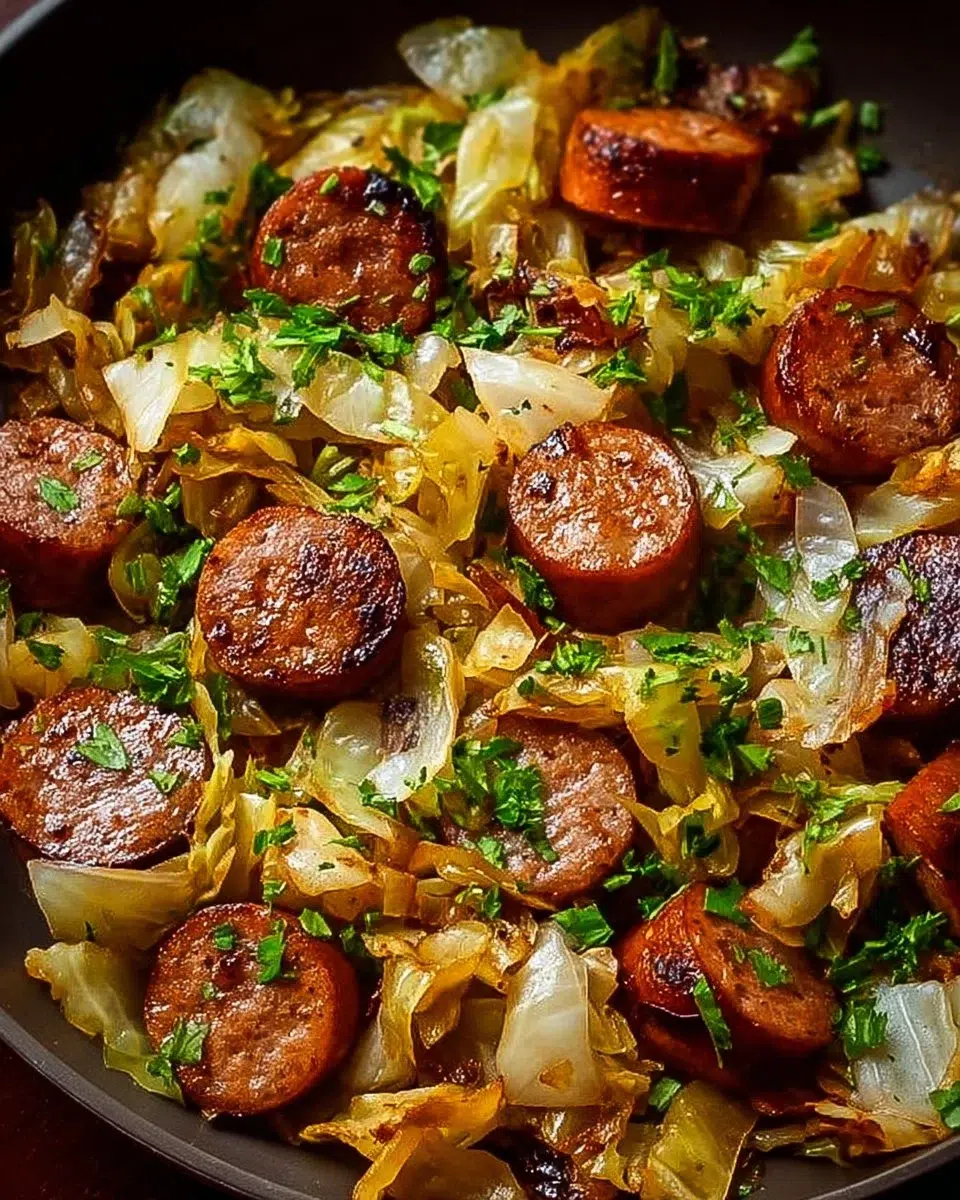 Sausage and cabbage stir fry in a skillet, showcasing vibrant colors and textures.