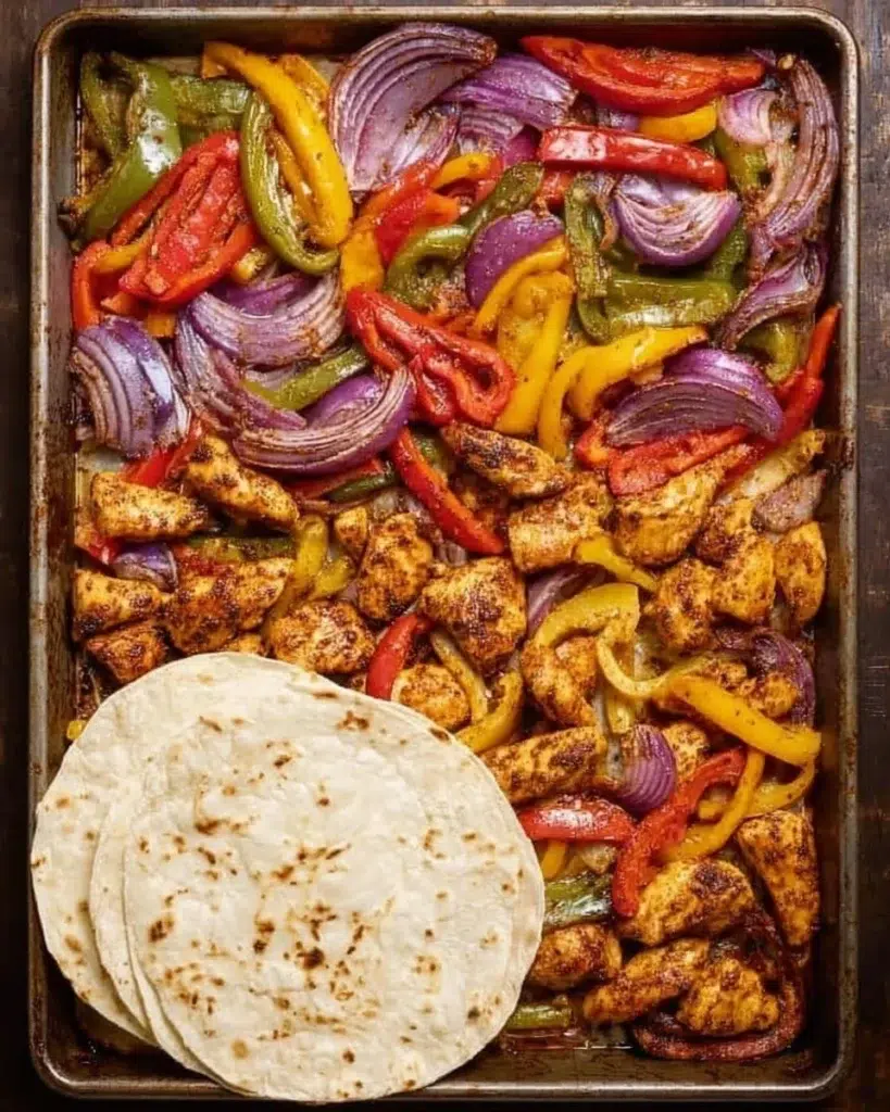 Delicious sheet pan chicken fajitas with colorful peppers and onions