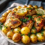 Sheet Pan Lemon Balsamic Chicken and Potatoes with fresh herbs and lemon slices
