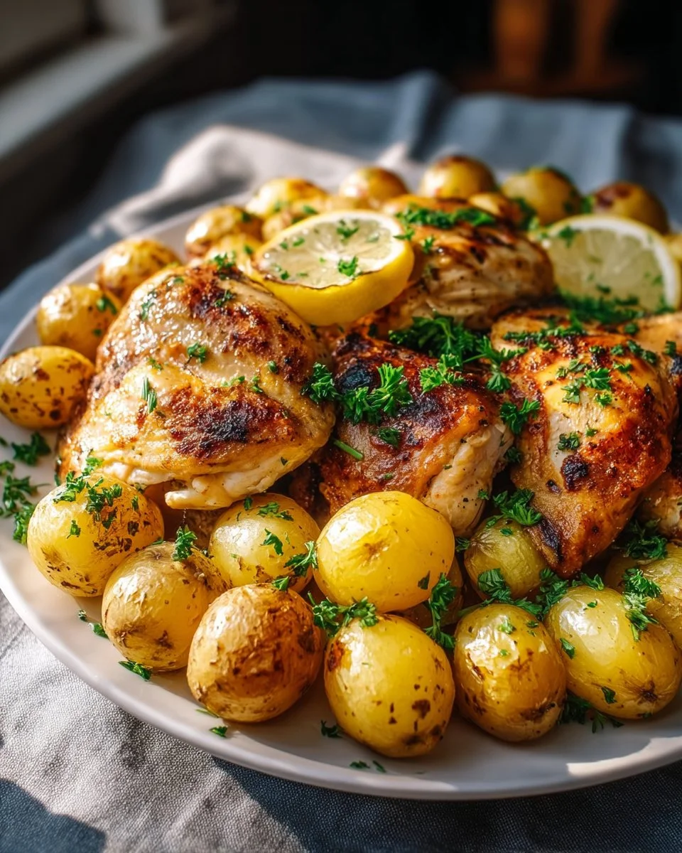 Sheet Pan Lemon Balsamic Chicken and Potatoes Made Easy! 1 Sheet Pan Lemon Balsamic Chicken and Potatoes with fresh herbs and lemon slices