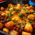 Delicious Sloppy Joe Potato Skillet topped with fresh herbs in a skillet.