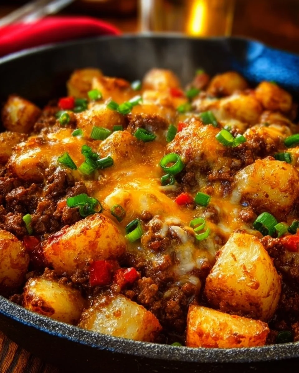 Sloppy Joe Potato Skillet 1 Delicious Sloppy Joe Potato Skillet topped with fresh herbs in a skillet.