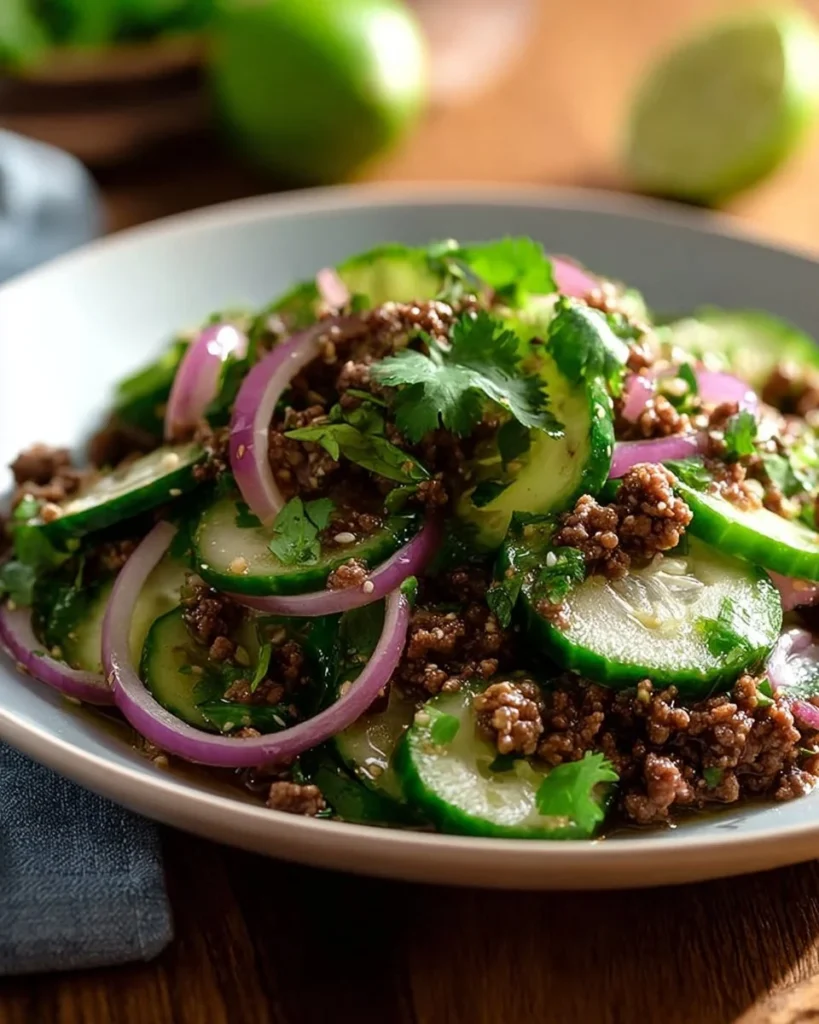 Delicious Spicy Korean Ground Beef served with a refreshing cucumber salad