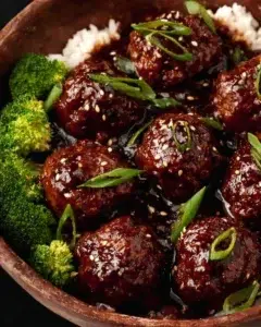 Sticky Mongolian Beef Meatballs served with garnishes
