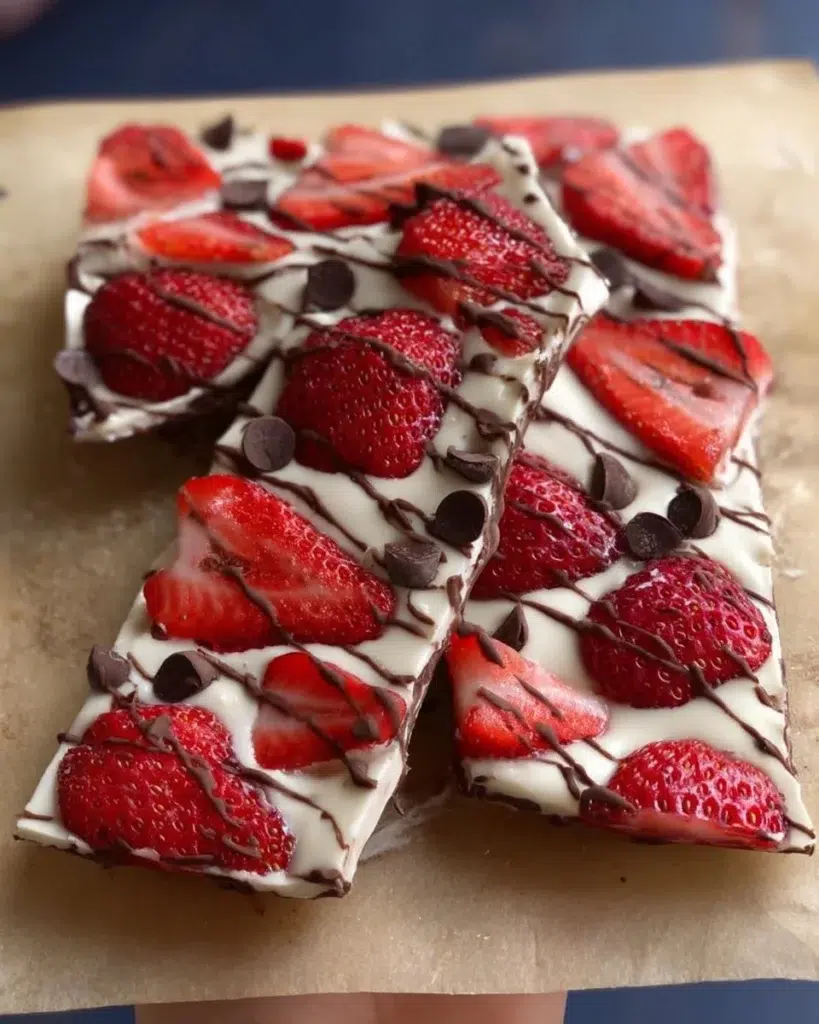 Strawberry-Chocolate Greek Yogurt Bark topped with fresh strawberries and chocolate drizzle