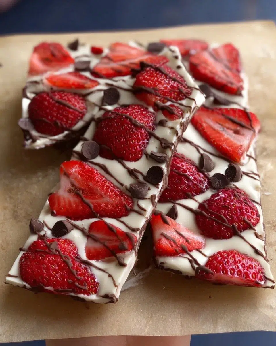 Strawberry-Chocolate Greek Yogurt Bark 1 Strawberry-Chocolate Greek Yogurt Bark topped with fresh strawberries and chocolate drizzle