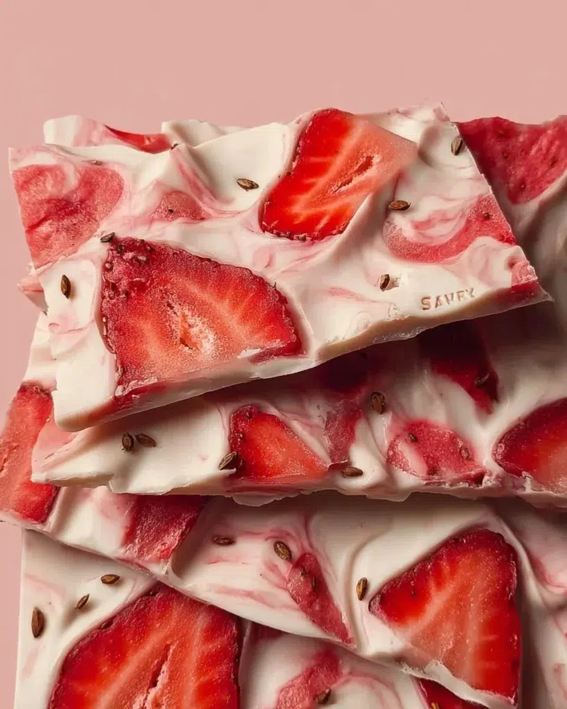 Healthy Strawberry Yogurt Bark topped with fresh strawberries and nuts