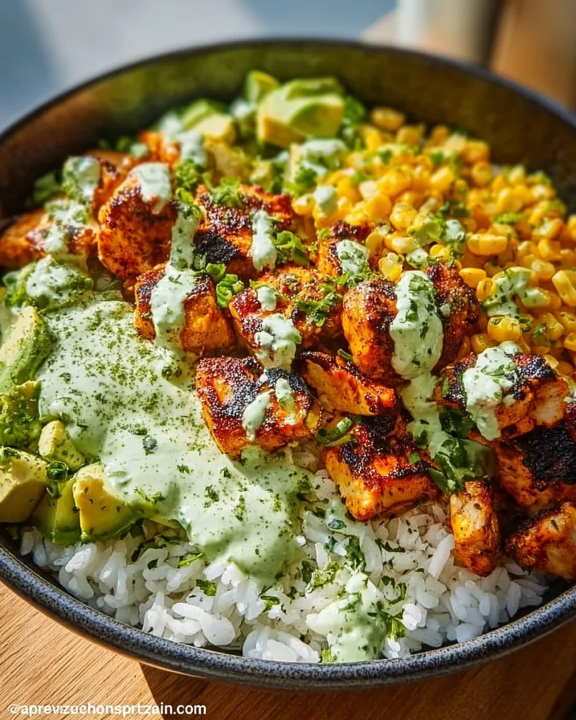 Delicious Street Corn Chicken Rice Bowl garnished with fresh herbs and spices