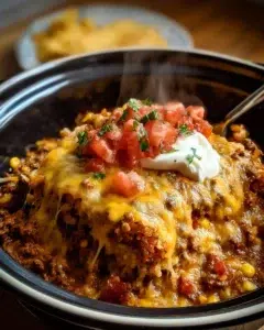 Taco Bake Crockpot (Easy, Cheesy & Feeds a Crowd) 5 Delicious Taco Bake cooked in a Crockpot, perfect for feeding large groups.