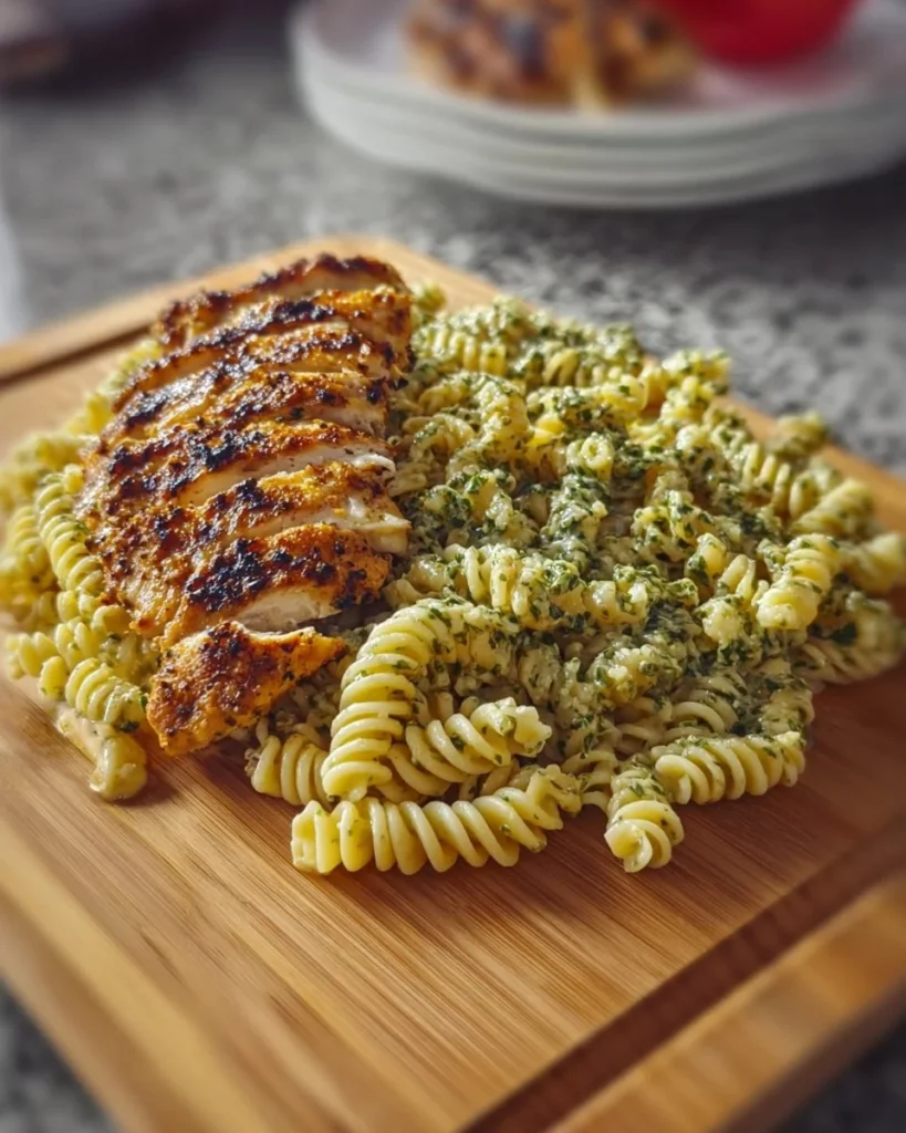 Plate of creamy garlic parmesan chicken pasta garnished with parsley
