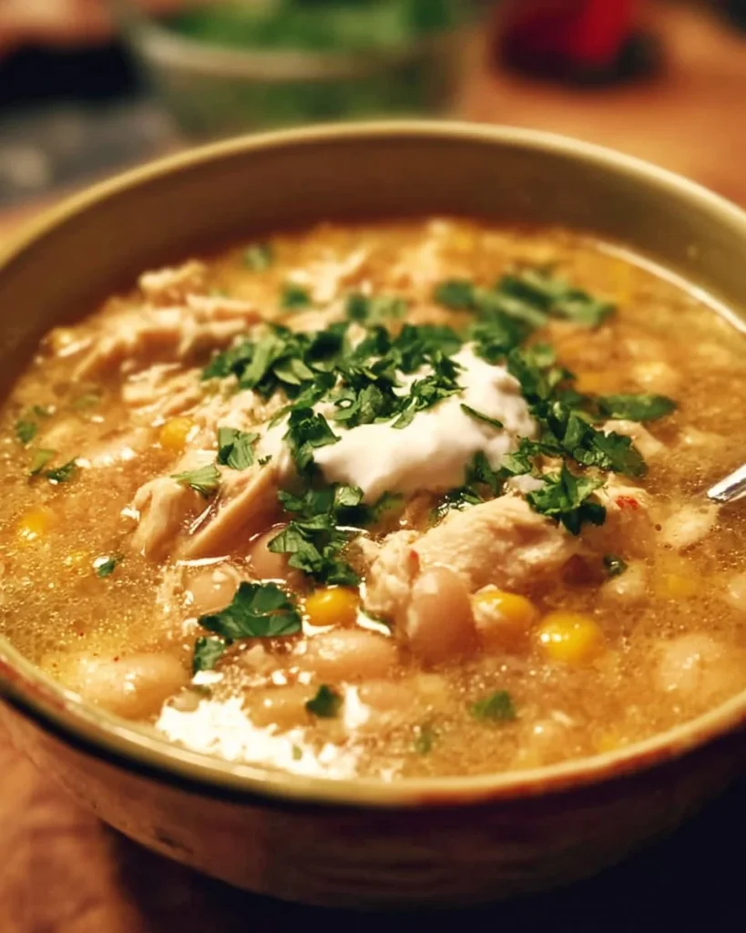 Bowl of creamy white chicken chili topped with cilantro and served with bread