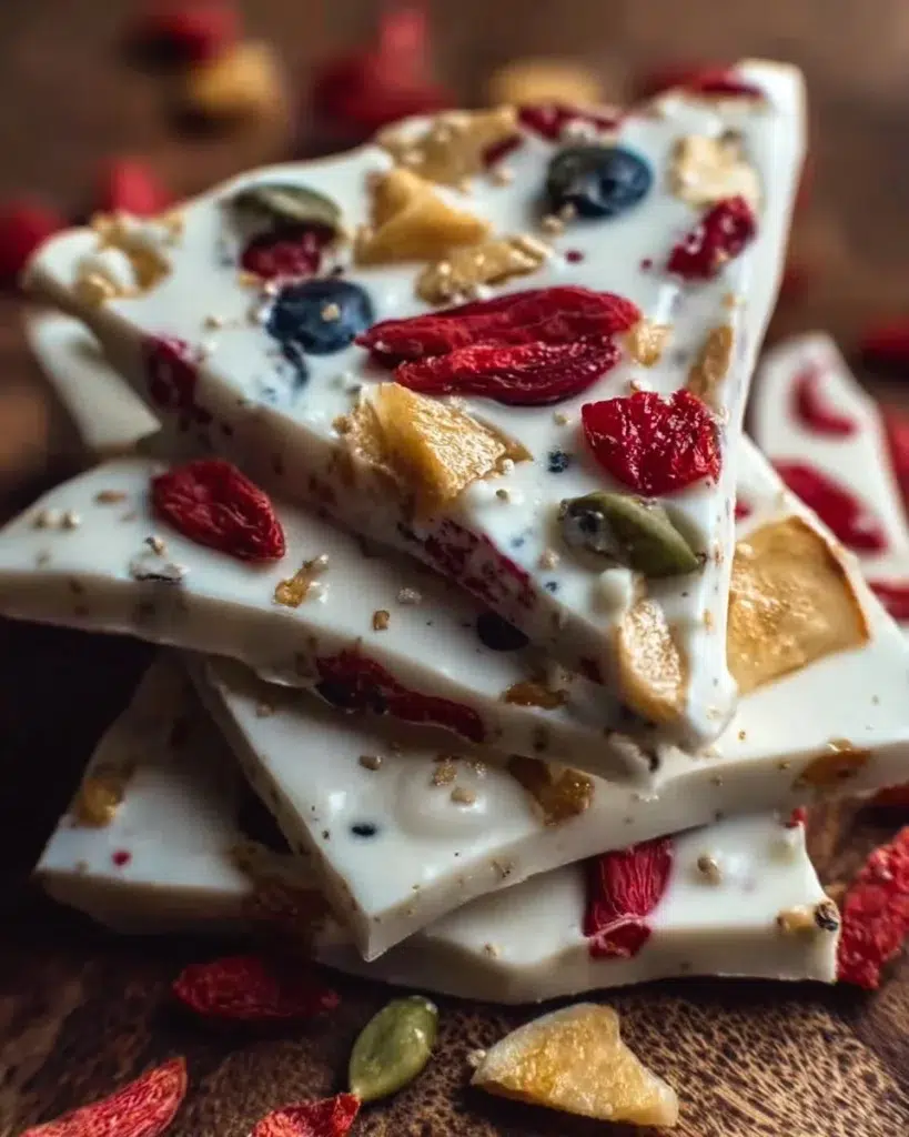 Homemade yogurt bark topped with fruits and nuts for a healthy snack
