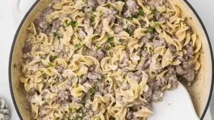 30-minute ground beef stroganoff served in a bowl with noodles and herbs