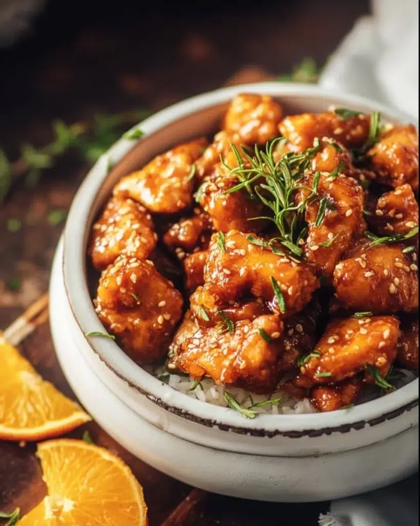 Healthy orange chicken dish served with vegetables and rice on a plate