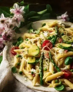 Asparagus Lemon Pasta dish garnished with lemon zest and asparagus spears
