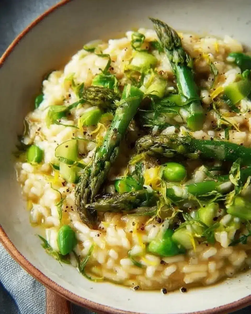 Creamy asparagus risotto topped with fresh herbs and parmesan cheese.