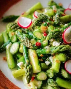 Asparagus Salad with Lemon Vinaigrette 9 Fresh asparagus salad with lemon vinaigrette dressing on a plate