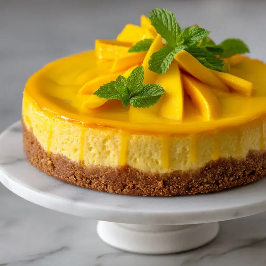 Beautiful baked mango cheesecake with golden crust, creamy mango filling, and fresh fruit garnish