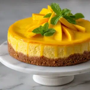 Beautiful baked mango cheesecake with golden crust, creamy mango filling, and fresh fruit garnish