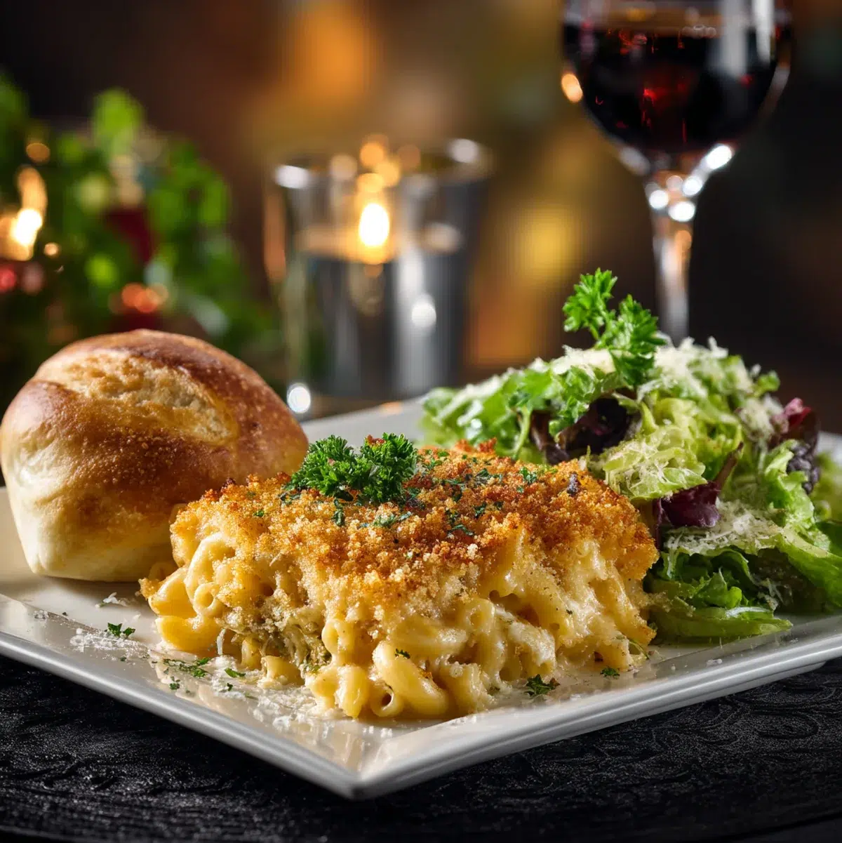Elegant plated portion of baked mac and cheese with fresh green salad, dinner roll, and garnish of parsley, styled for dinner presentation