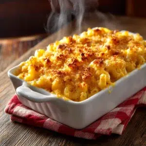 Golden bubbling baked mac and cheese fresh from oven with crispy breadcrumb topping and melted cheese visible around edges