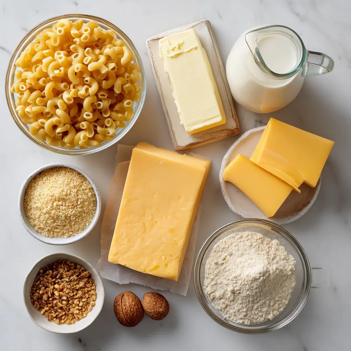 Flat lay of all ingredients for baked mac and cheese including blocks of cheese, elbow pasta, butter, milk, breadcrumbs, and spices arranged on marble surface