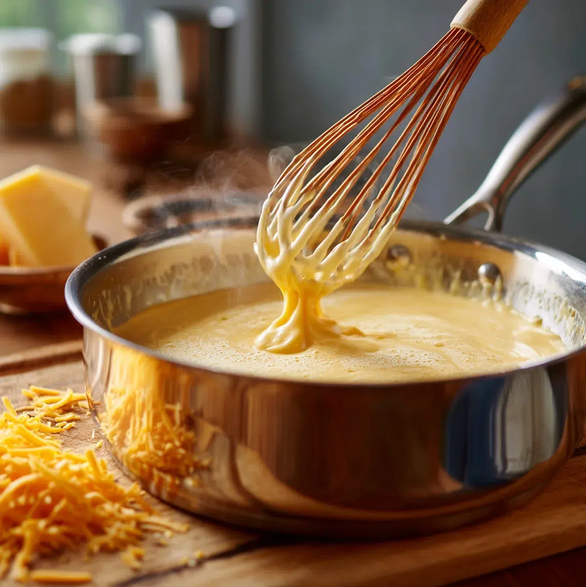 Action shot of whisking roux in saucepan with golden butter and flour mixture, steam rising, demonstrating proper technique for smooth cheese sauce
