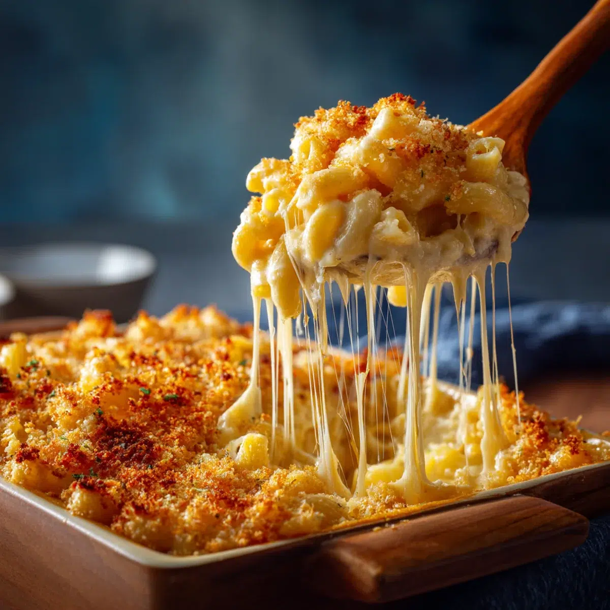 Spoon lifting portion of baked mac and cheese showing stretchy, melted cheese connecting the spoon to the casserole dish, golden breadcrumbs visible