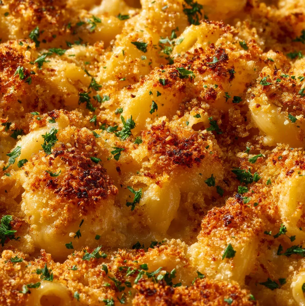 Close-up of golden, buttery toasted panko breadcrumbs being sprinkled over mac and cheese, showing texture and color of perfect topping