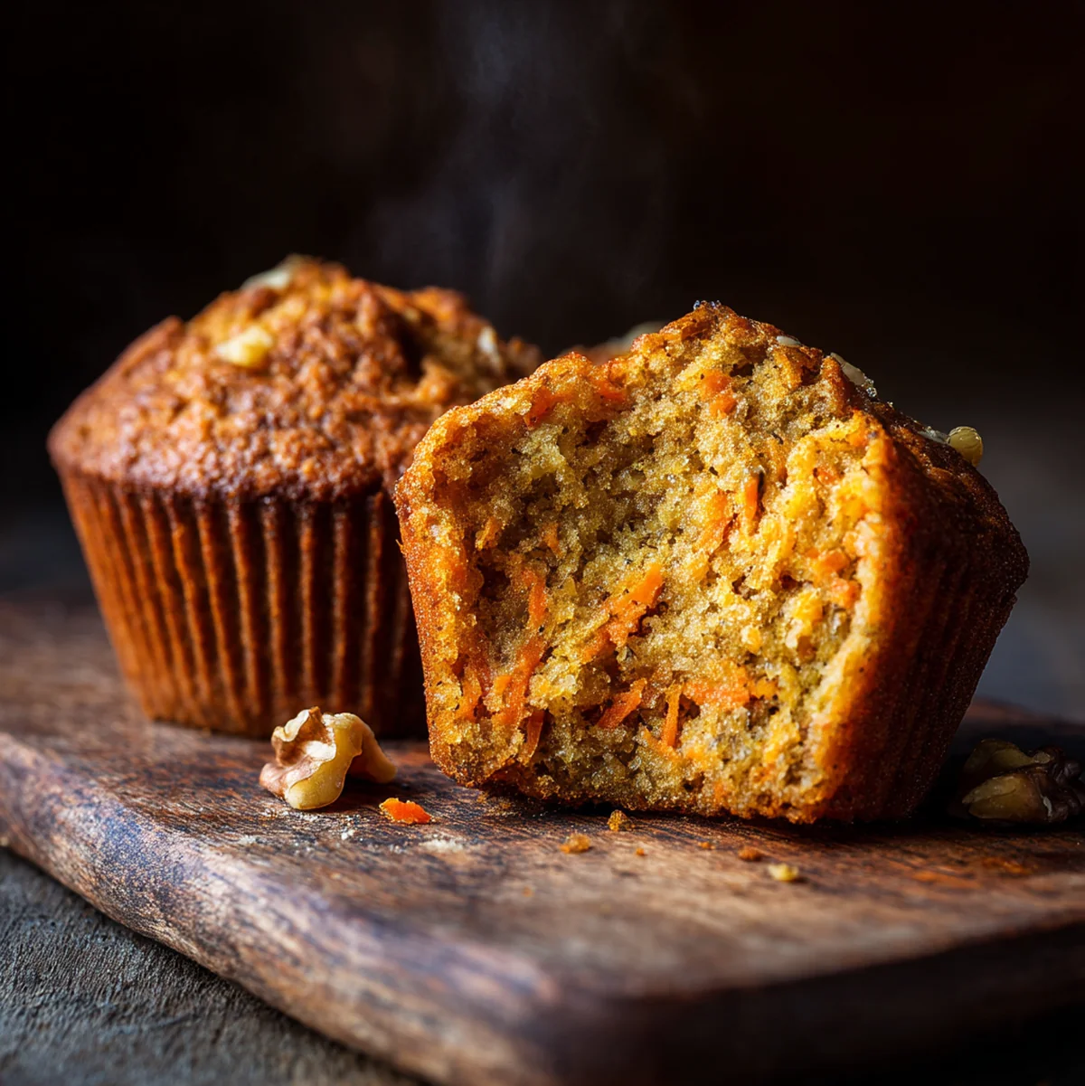 Cross-section of banana carrot muffin showing moist interior with visible carrot specks and tender crumb structure