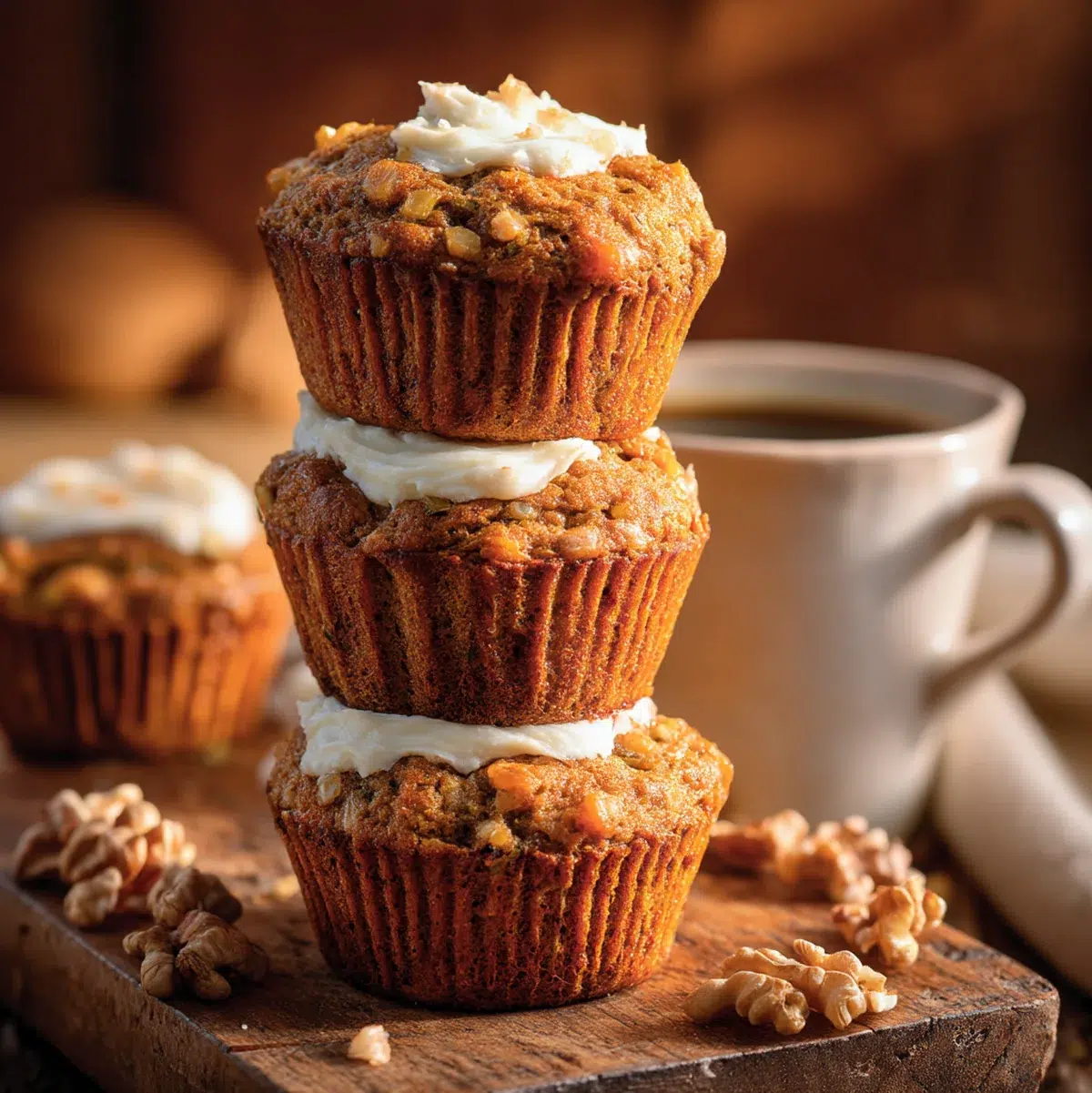 Stack of three banana carrot muffins with cream cheese spread on top muffin, bathed in golden morning sunlight on rustic wooden table