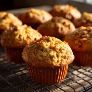 Golden banana carrot muffins cooling on wire rack in rustic farmhouse kitchen with morning sunlight streaming through window