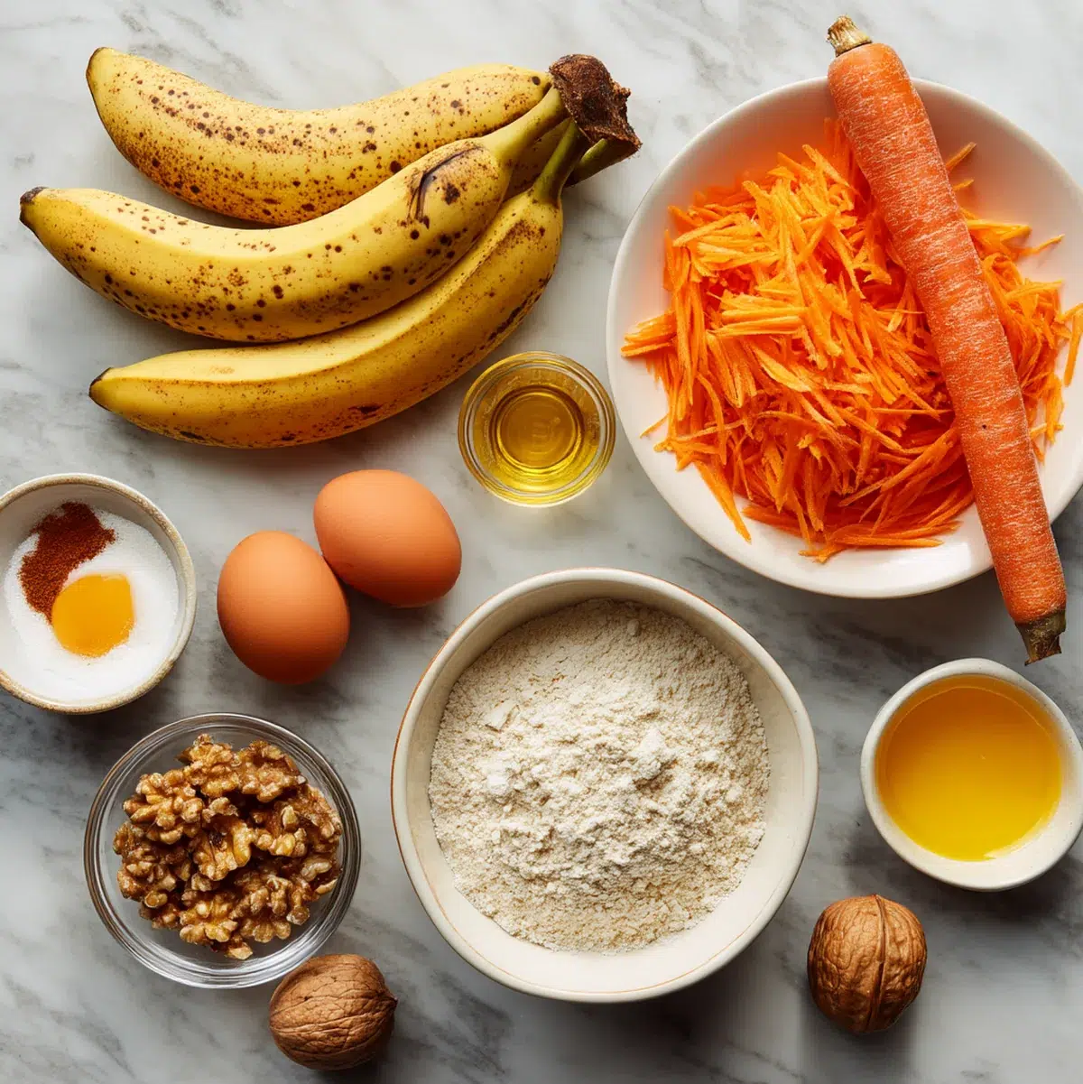 Flat lay of banana carrot muffin ingredients including ripe bananas, freshly grated carrots, flour, eggs, cinnamon, and walnuts on marble countertop