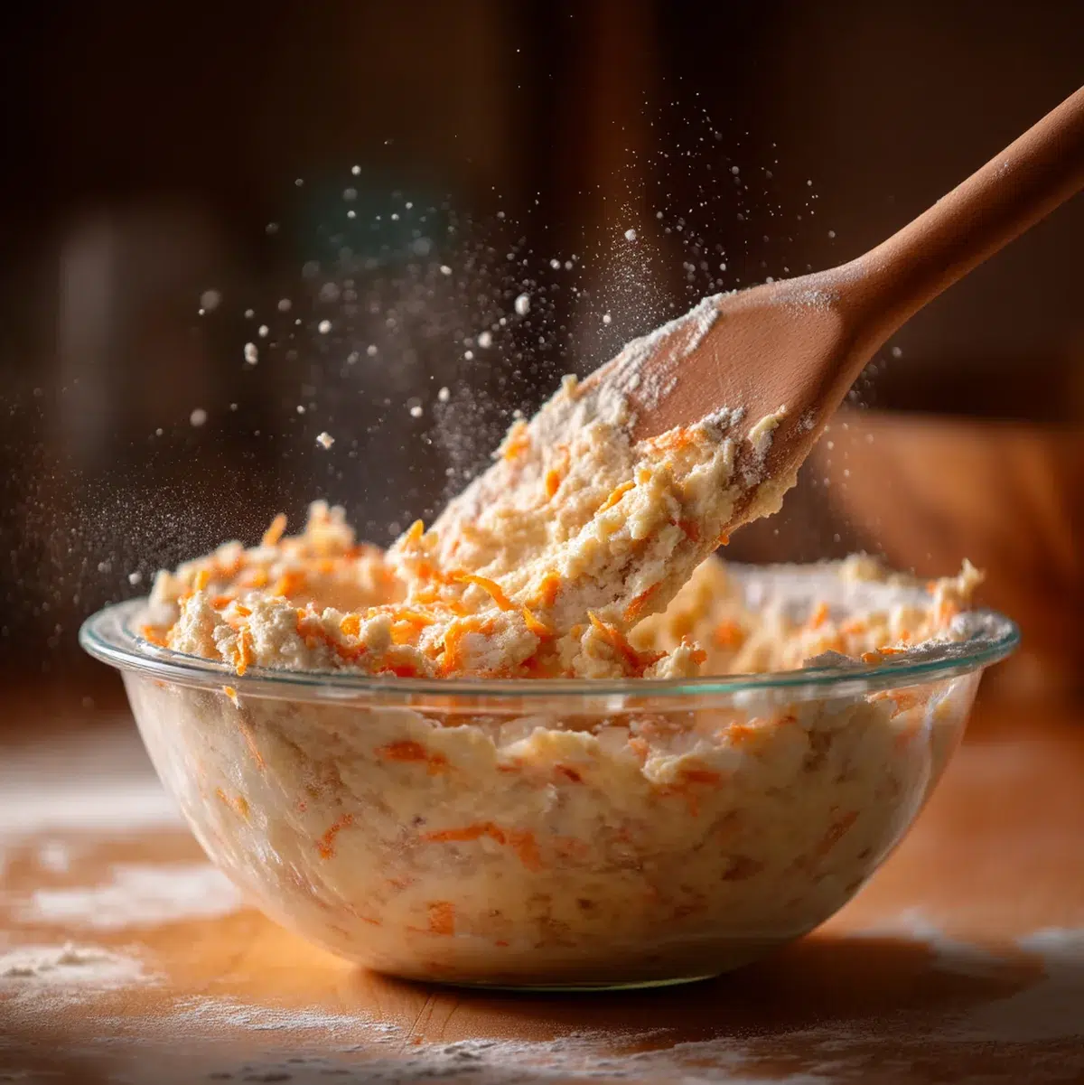 Wooden spoon mixing banana carrot muffin batter in glass bowl showing banana pieces and bright orange carrot shreds throughout