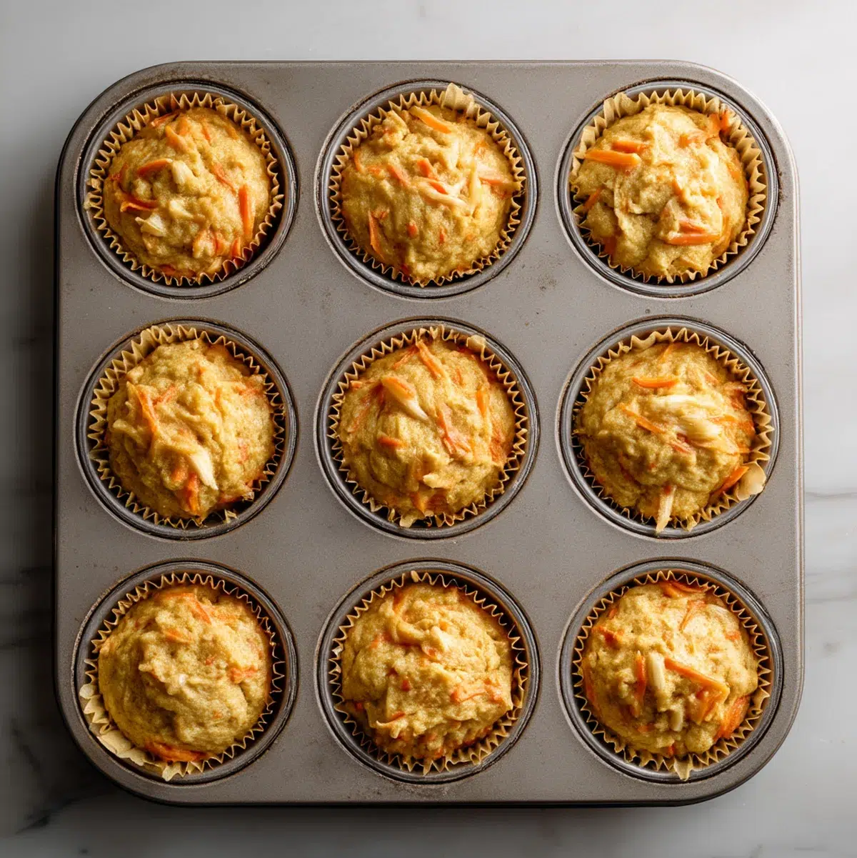 Muffin batter portioned into lined muffin tin cups filled three-quarters full, ready to go into oven