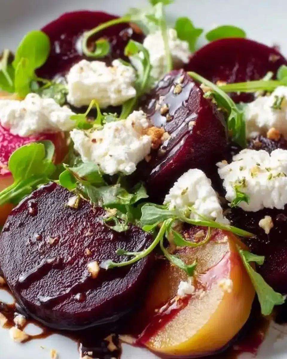 Colorful beet salad with goat cheese and balsamic dressing served in a bowl