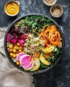 Colorful and nutritious Buddha Bowl filled with fresh vegetables and grains.
