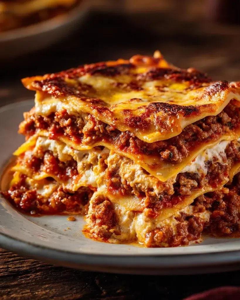 Delicious homemade lasagna recipe with layers of pasta, meat, and cheese.