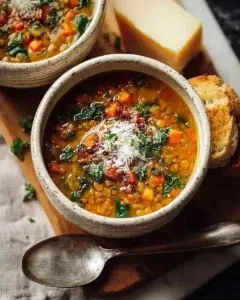 Bowl of delicious homemade lentil soup topped with herbs