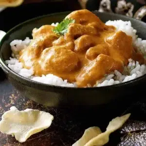 Delicious butter chicken dish topped with fresh herbs and served with rice