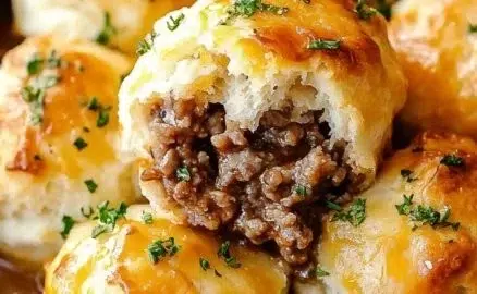 Cheesy beef biscuit bombs fresh out of the oven, golden and gooey.