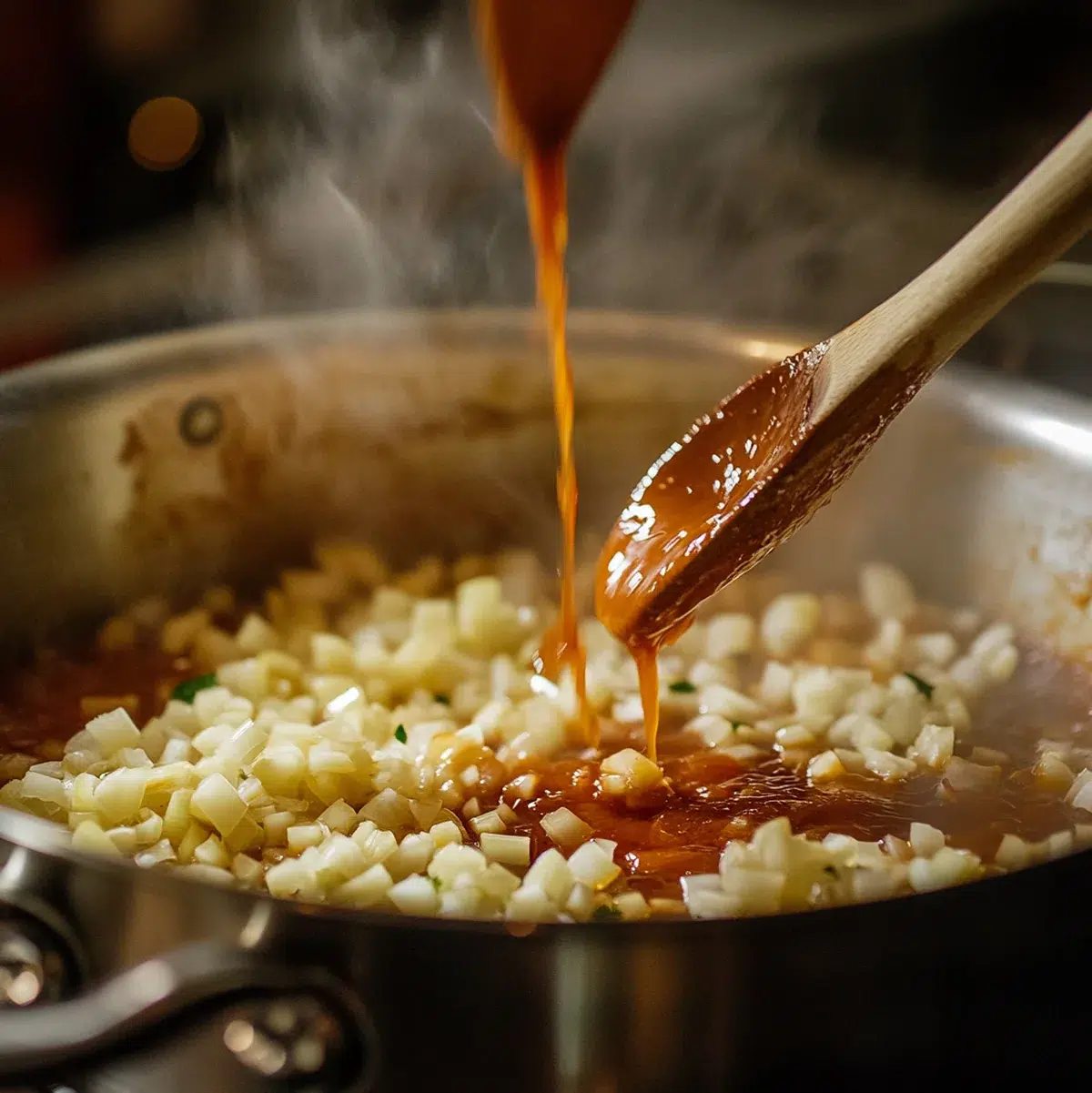 Sauteing onions and garlic in a pot with enchilada sauce being poured in for chicken enchilada soup
