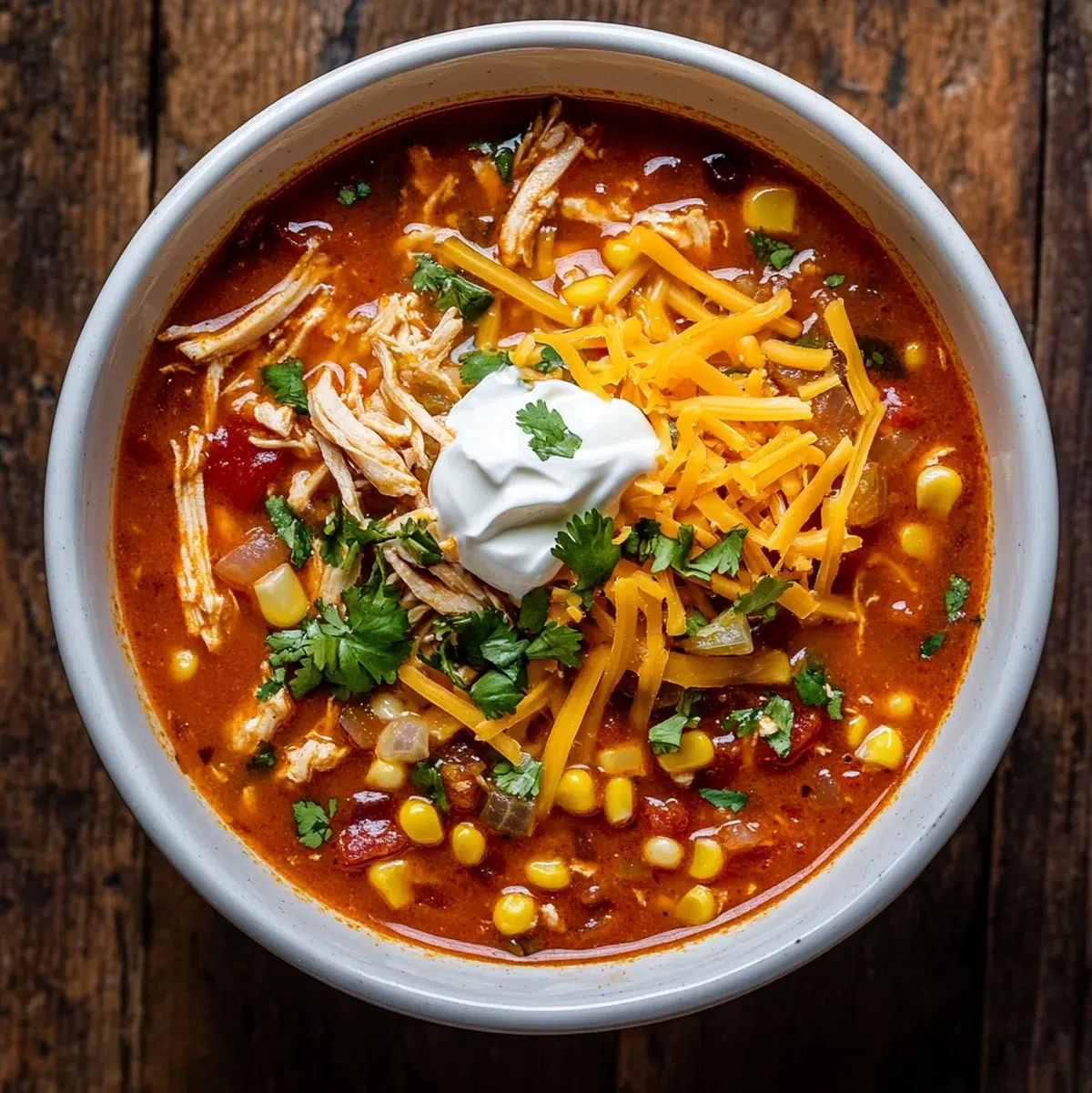 Bowl of chicken enchilada soup with shredded cheese, sour cream, cilantro, and tortilla strips