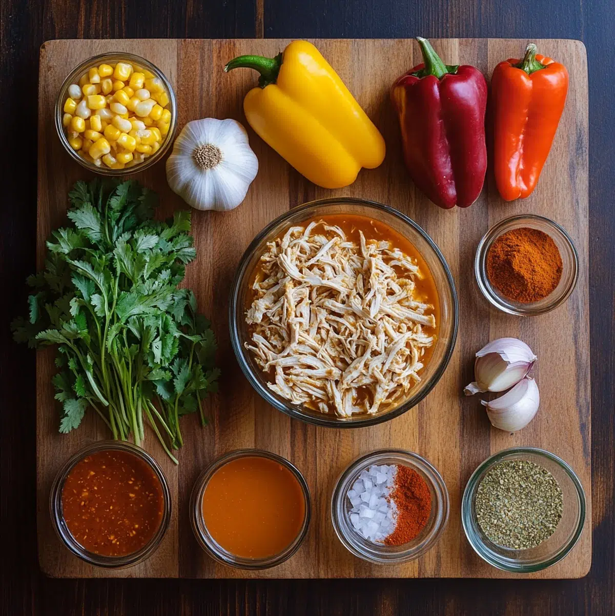 Flat lay of chicken enchilada soup ingredients including chicken, enchilada sauce, corn, bell peppers, onion, and spices